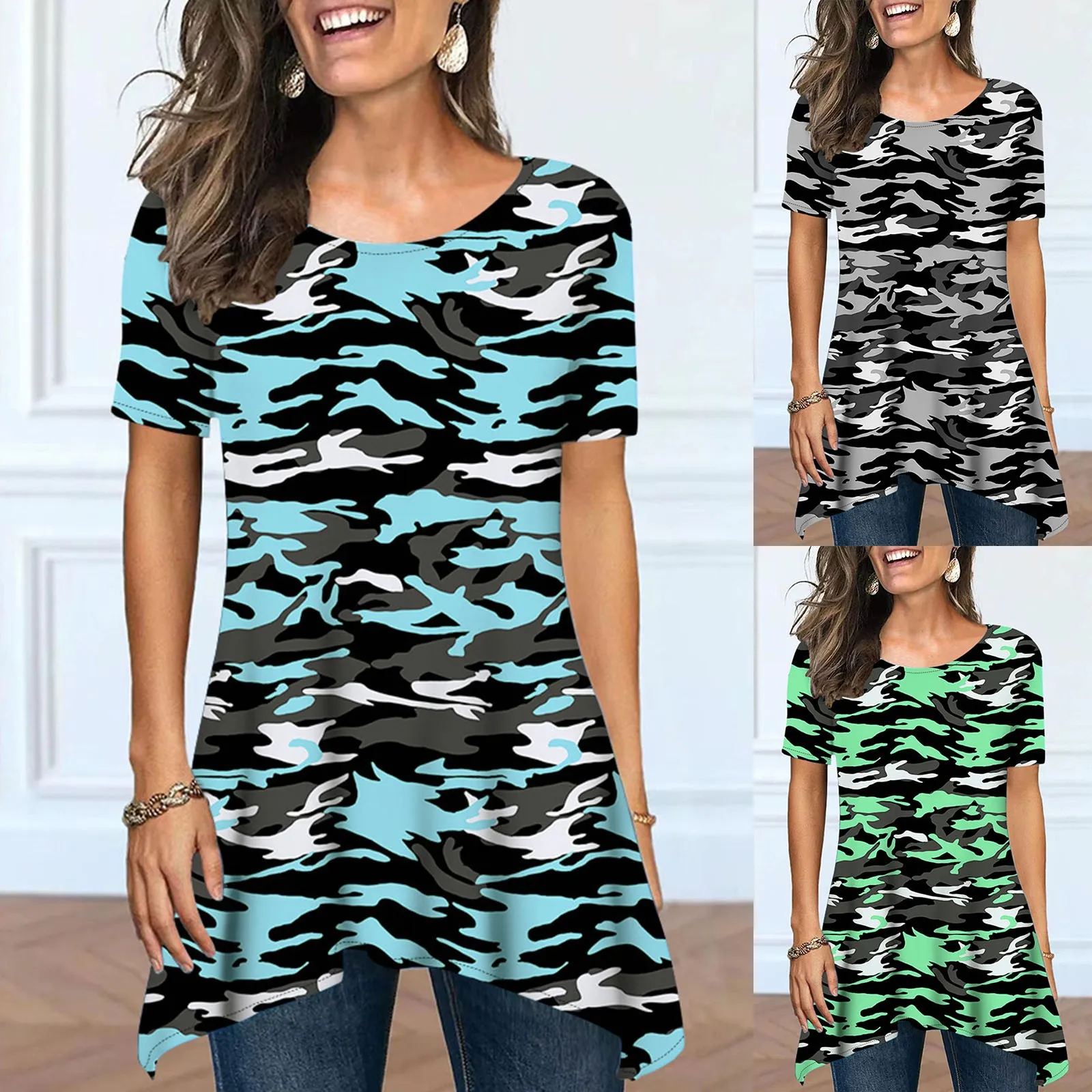 

Летние женские рубашки с коротким рукавом и круглым вырезом, топ с принтом, повседневные свободные рубашки для женщин, технологичная футбол...