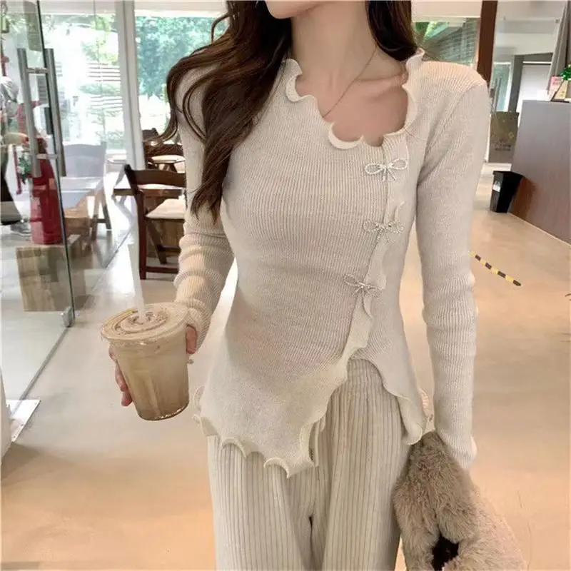 

Fashion Fungus Edge Bottoming Shirt Autumn Femme Slim Fit Knit Pullovers Top Korean Long Sleeve Solid Color Temperament Tops