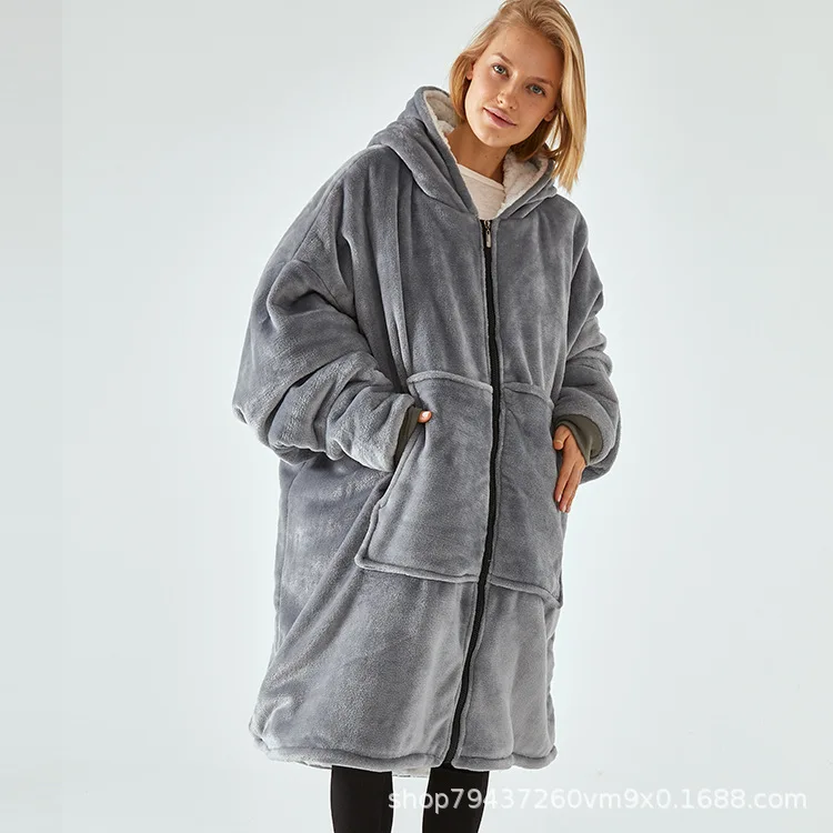 Winter Warm Women Coral Fleece Robe Thick Nightgown Flannel Hooded Bathrobe Sleepwear with Pocket Loose Homewear Lounge Wear