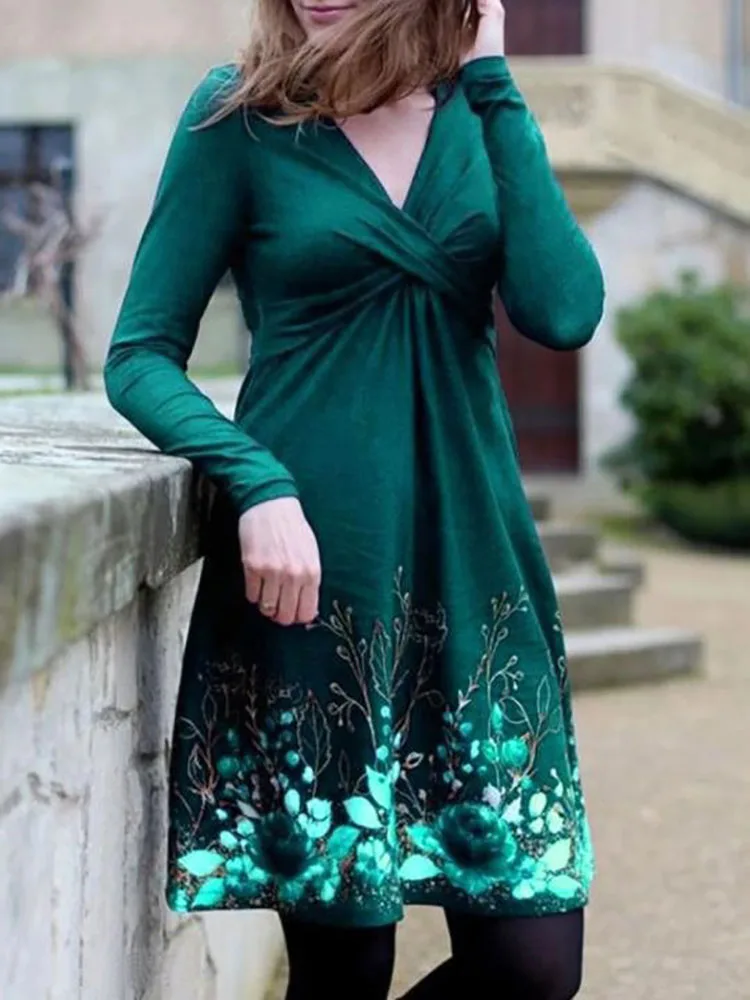 

Женское винтажное мини-платье с принтом, повседневное свободное платье с длинным рукавом и V-образным вырезом в уличном стиле, весна-осень 2022