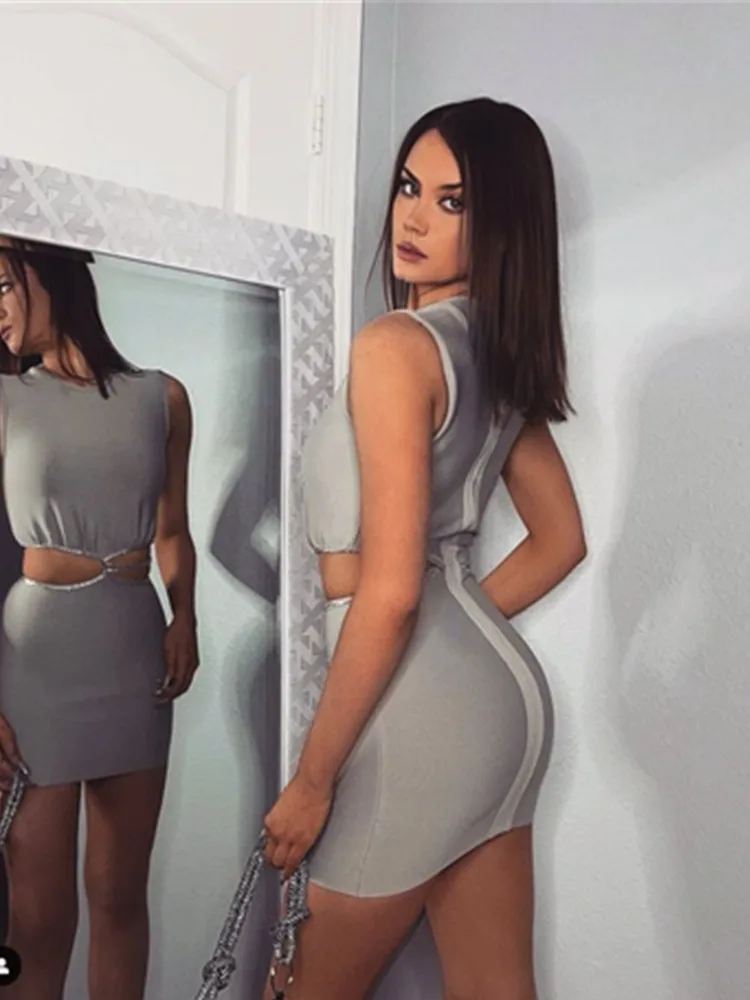 

2022 New Summer Gray Color Women Sleeveless Waist Holes Sexy Bodycon Mini Dress Rayon Bandage Evening Party Dress Vestido