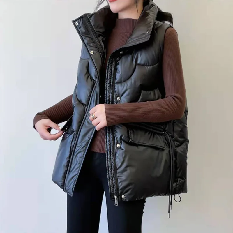 

2022 Autumn and Winter Women's Cotton Vest Bright Face Student Korean Version Loose Waistcoat Outside Wearing Vest Coat Jacket