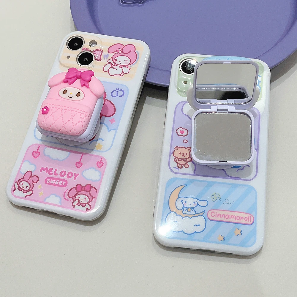 

Lovely My Melody Cinnamoroll With Holder Mirror Phone Cases For iPhone 13 12 11 Pro Max X XR XS MAX Pink Blue Cover