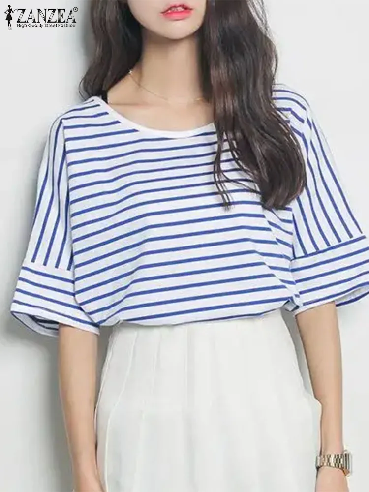 Блузка ZANZEA женская оверсайз в полоску модная Повседневная Туника с круглым