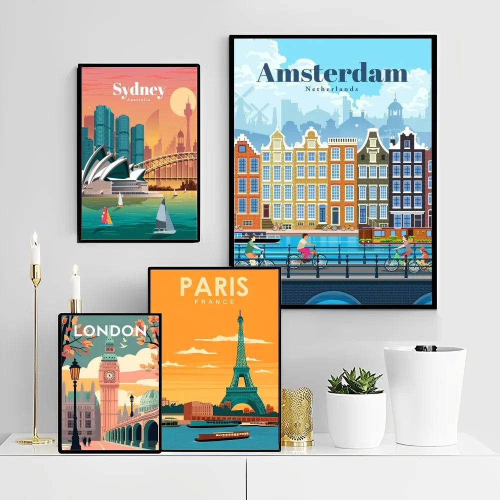

World Cities Travel Poster Self-adhesive Art Poster Retro Kraft Paper Sticker DIY Room Bar Cafe Vintage Decorative