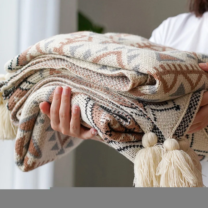 

Мягкие вязаные одеяла с кисточками, клетчатый богемный гобелен, одеяло для сна, винтажное осенне-зимнее декоративное одеяло, покрывало для ...