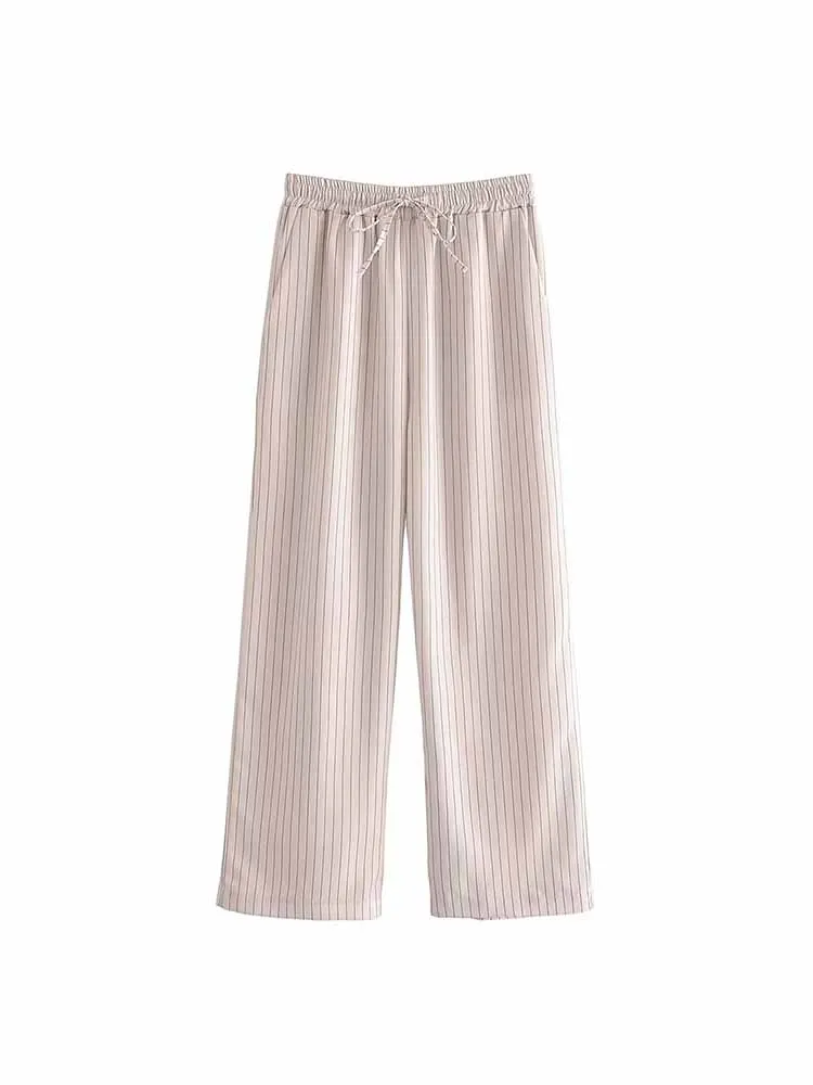 

Женские прямые брюки BSK & ZA & TRF с карманами, повседневные винтажные штаны в полоску, с эластичным поясом, на шнурке