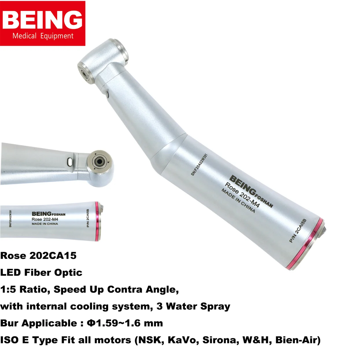 BEING Dental 1:5 Increasing Fiber Optic Handpiece LED Inner Water Contra Angle 202CA15 B with Internal Cooling System
