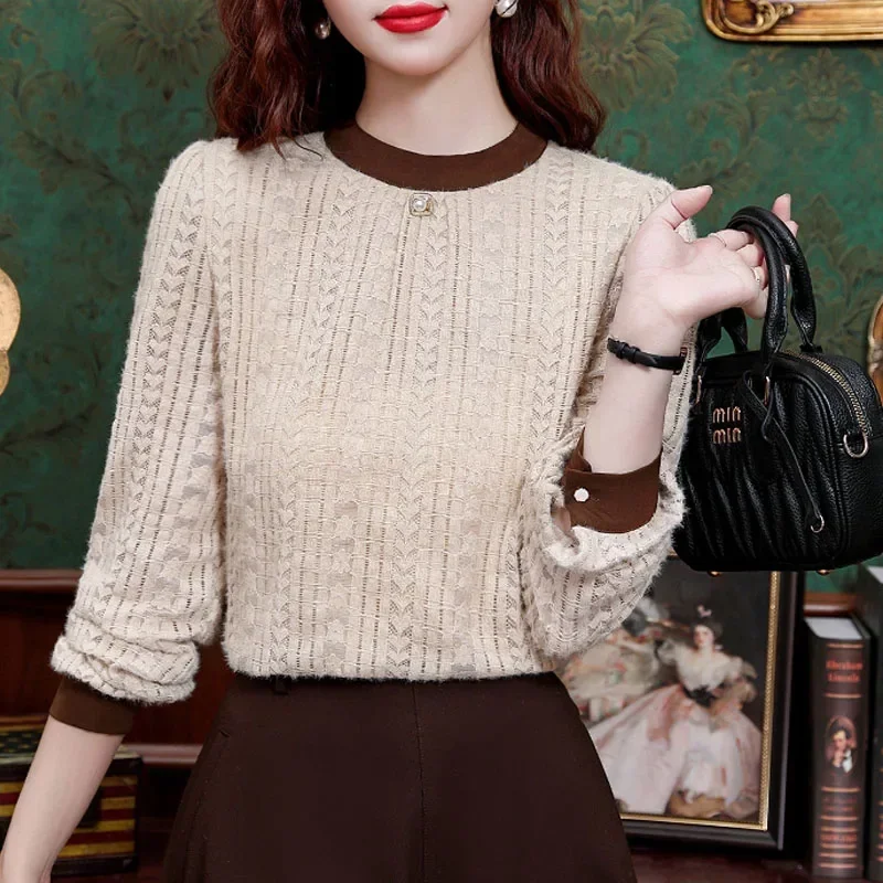 Новая кружевная женская блузка с длинным рукавом и круглым вырезом рубашка