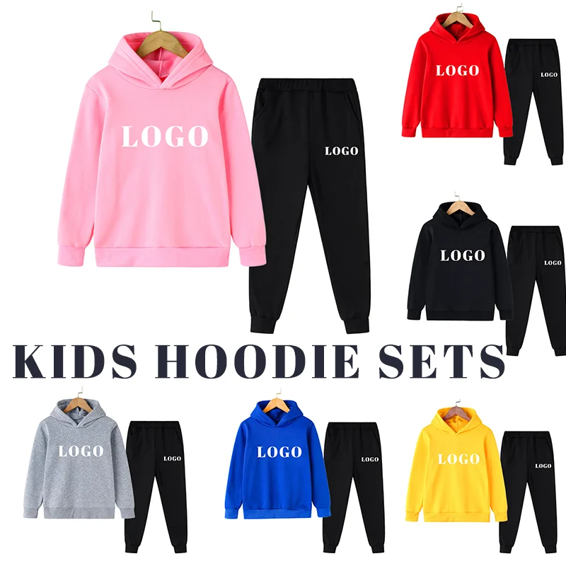 Custom Logo Kids Boy and Girls Sweatsuits 2 Pieces Hoodies and Pants Sets Fleece Solid Sweatpants Long Sleeve Casual