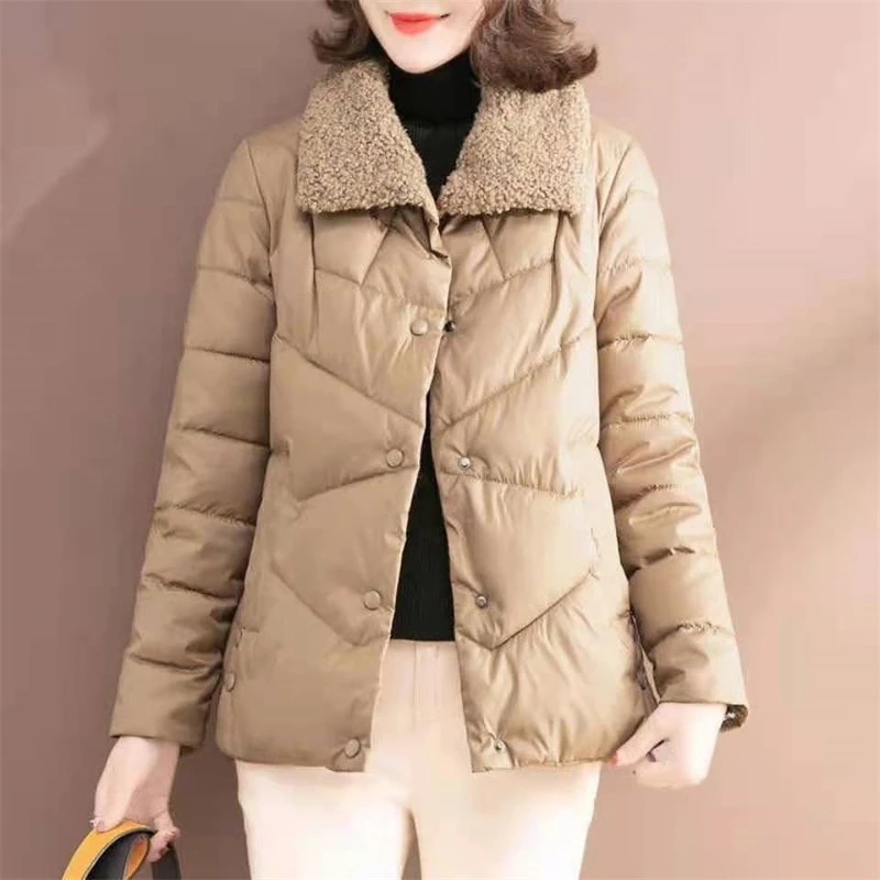 Winter Thin Down Jacket Women's Light Weight Cropped Puffy Jacket Warm Thick Single Breasted Parkas Casual Lamb Collar Outwear