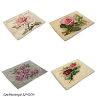 top rose printed linen table place mat pad cloth placemat cup insulation party christmas wedding coaster dish doily kitchen