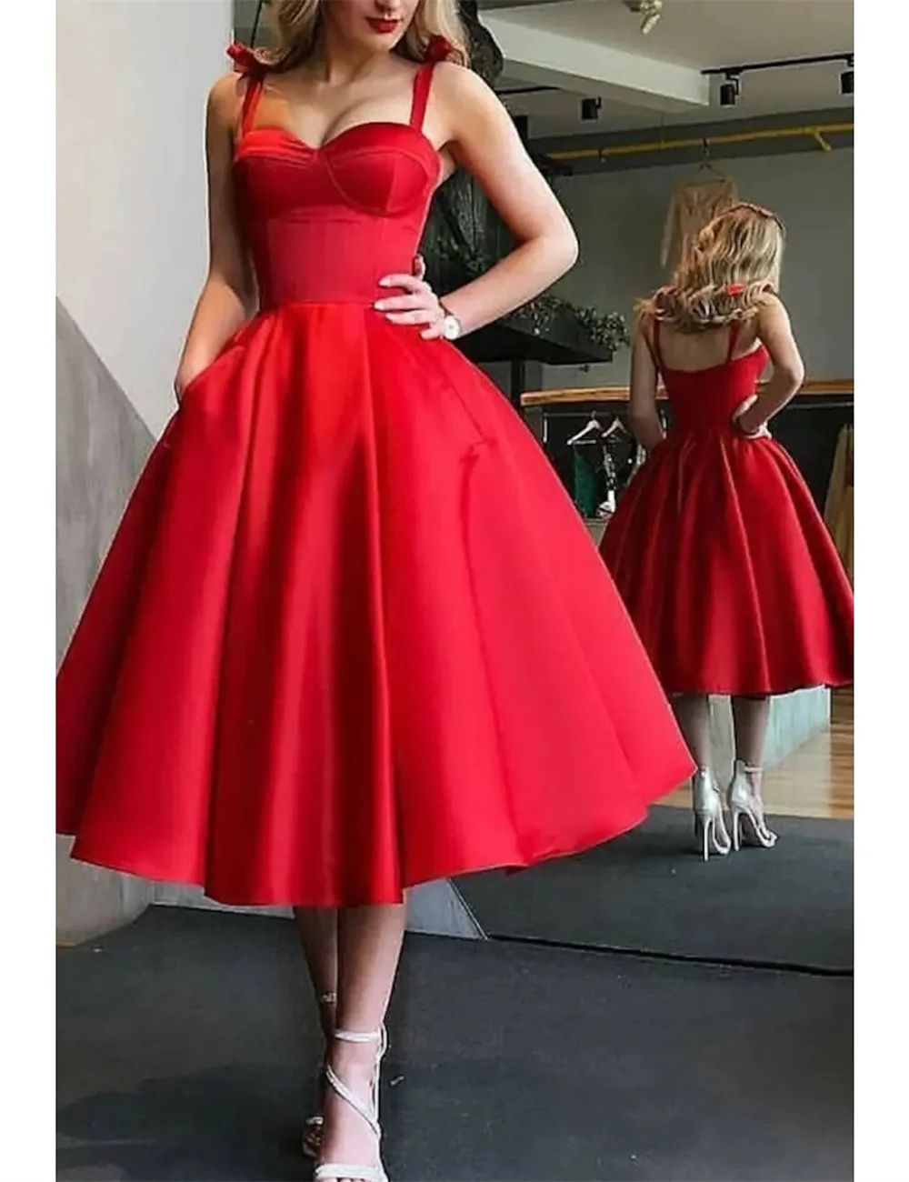 

A-Line Minimalist Elegant Engagement Prom Valentine's Day Dress Off Shoulder Short Sleeve Ankle Length Satin with Sleek 2023