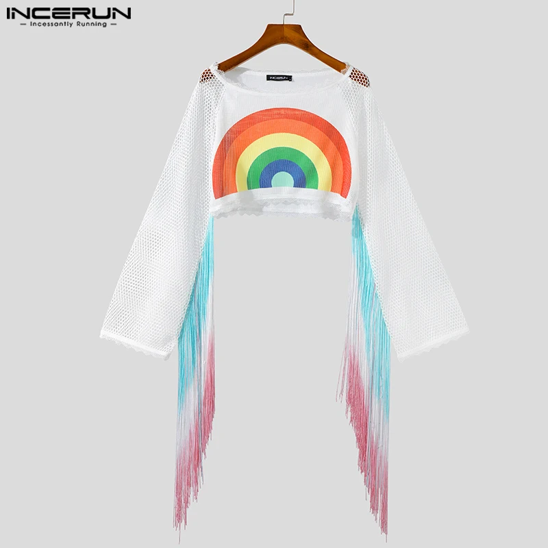 Топы INCERUN новинка 2024 мужские радужные просвечивающие сетчатые укороченные