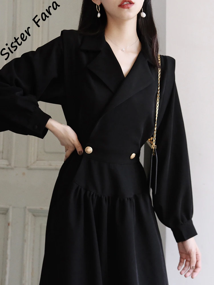 

Sister Fara Elegant Notched Dresses for Women's Spring High Waist Long Sleeves Mini Dress Autumn Female Pullover Black Dresses