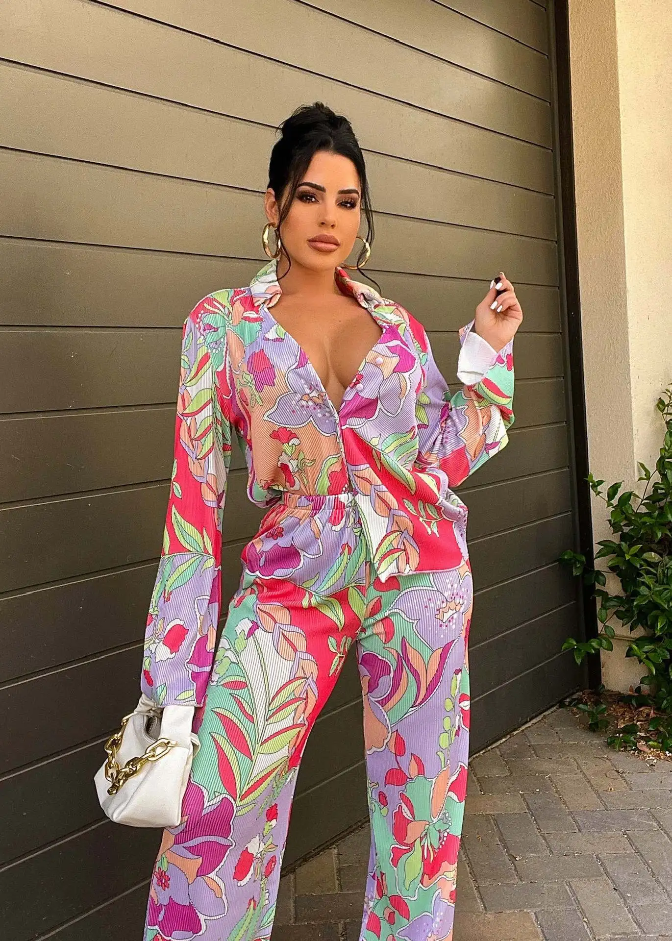 

Floral Print Pleated Loose 2 Piece Sets Turn Down Collar Long Sleeve Single Breasted Shirt Top Wide Leg Pants Autumn Casual Suit