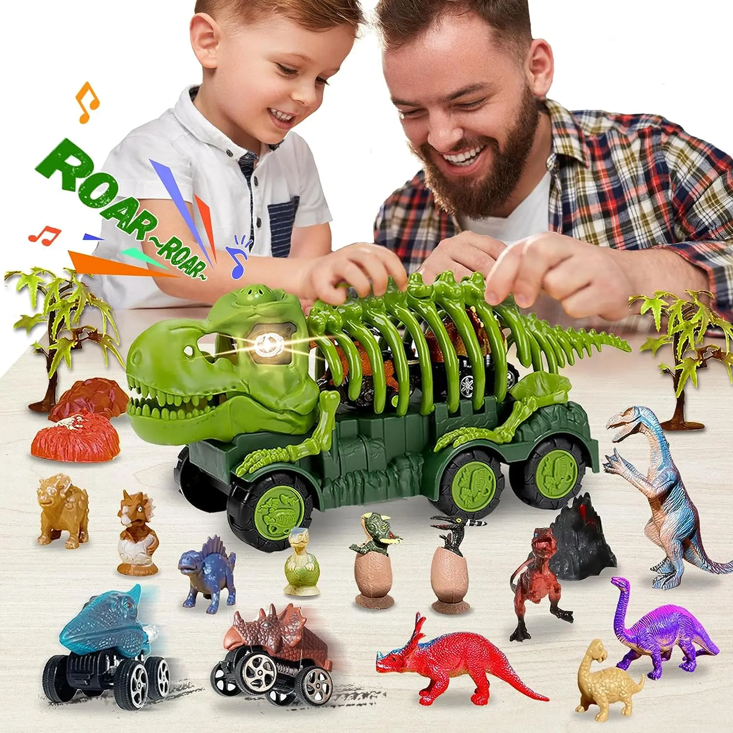 Dinosaur Truck Playset with Light and Sound,Dino Figures Monster Truck Toy for Kids' Pretend Play