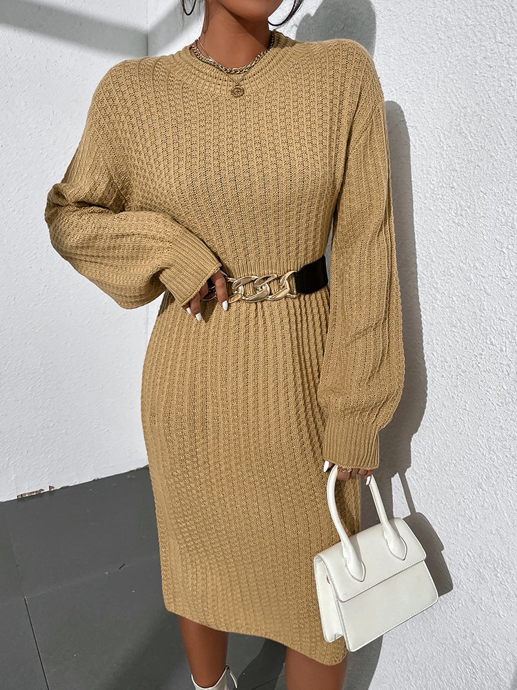 

Trendeez Casual Plain O-neck Lantern Sleeve Midi Dress