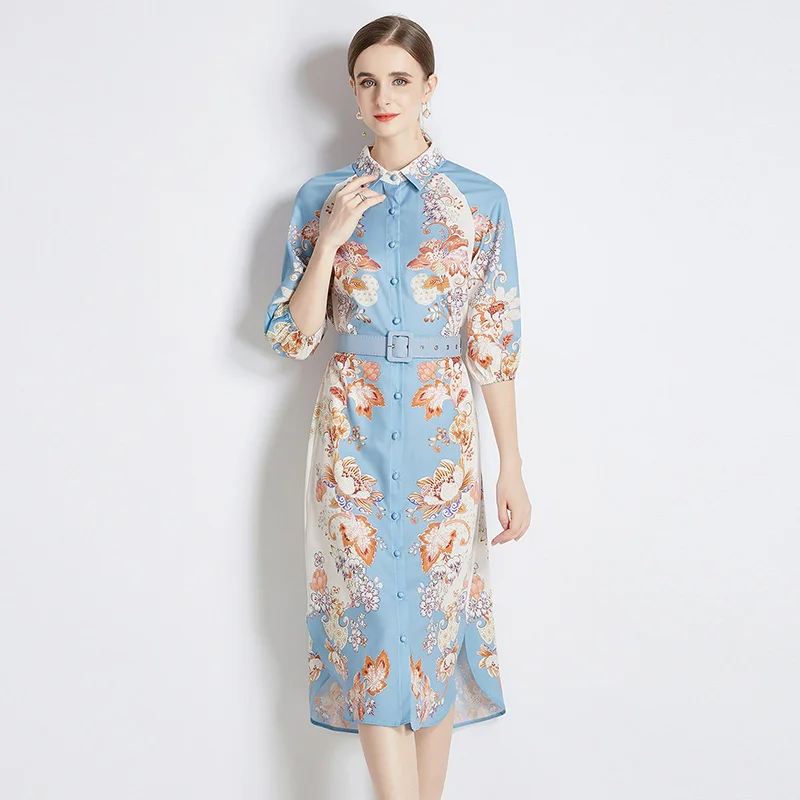 

Autumn Women Turn Down Neck Loose Shirt Dresses Fashion Runway Floral Print Single Breasted Party Long Dress Robes Belt