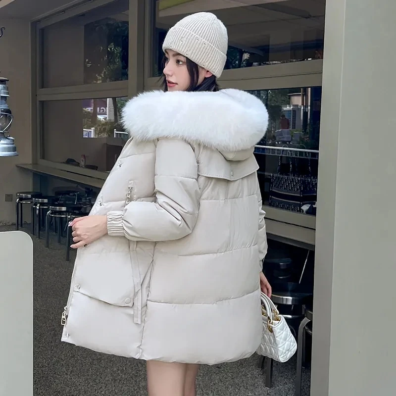 Down Cotton Jacket Women 2023 Autumn Winter New Korean Slim Padded Coat Female Large Size Fur Collar Hooded Long Parkas