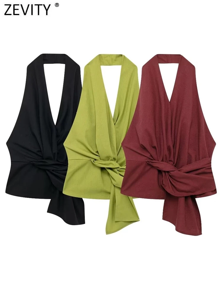 Женская Модная Однотонная Плиссированная Блузка Zevity Топ Без Рукавов С V-образным