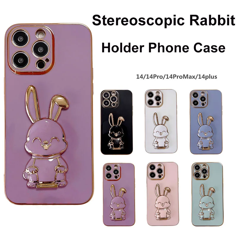 

Kawaii Rabbit Bracket Applicable To Iphone 14 Promax Mobile Phone Case, Electroplating Cartoon Apple 13/12 Protective Sleeve