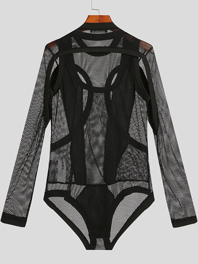 INCERUN Men's Skinny Stretch Jumpsuits Fashion Male Solid Party Shows Long Sleeved Comfortable Mesh Hollow Out Romper S-5XL 2022