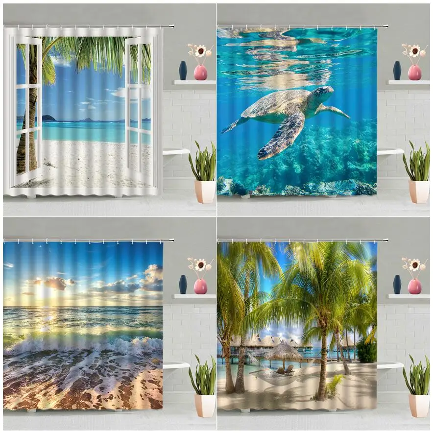 

Занавеска для душа, тканевая шторка с крючками для пляжа, морской черепахи, пальм, путешествий, острова Гаваи