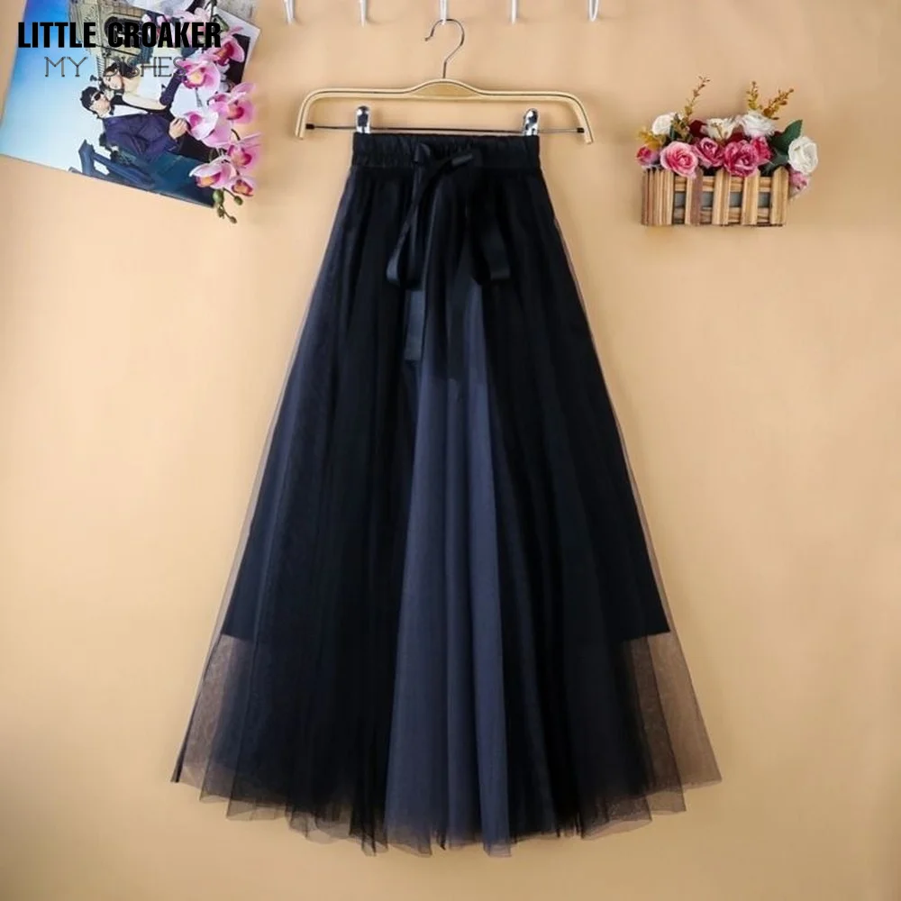 

Midi Beautiful Gradient Color Long Tulle Bow Skirts Women Korean A-line High Waist Pleated Maxi Female School Skirt Girls