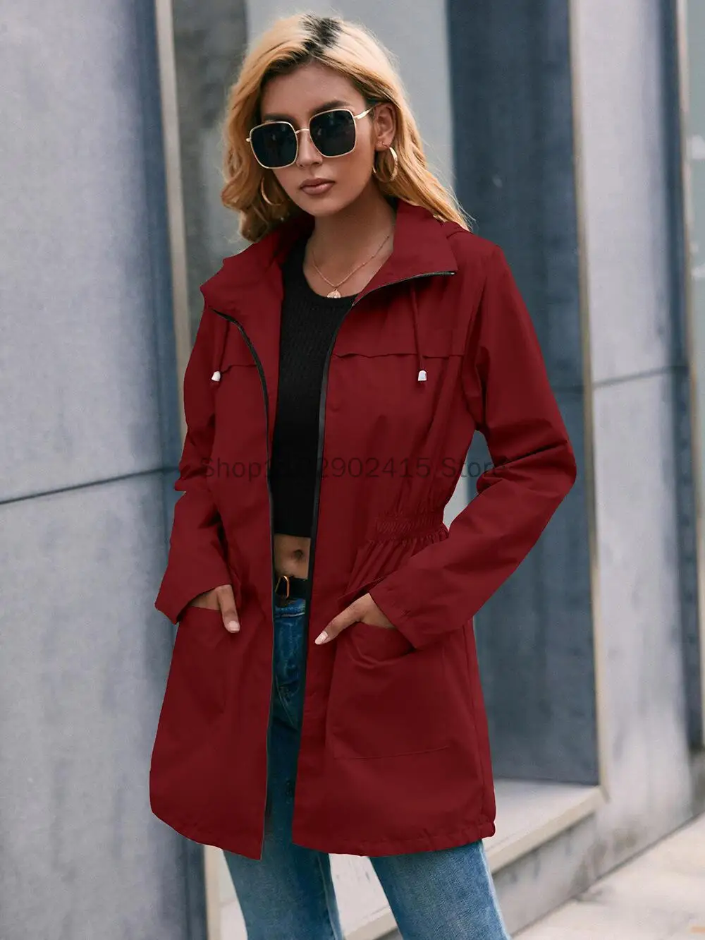 Women Rain Jacket Outdoor Waterproof Hooded Raincoat Spring Autumn Outdoor Trench Coat Outwear