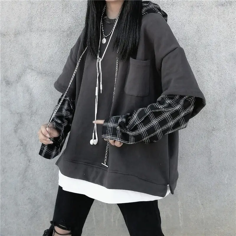 

Patchwork Long Sleeve Plaid Pullovers Striped Sweatshirt for Female Women Black Gothic Style Hoodies Korean Fashion Personality