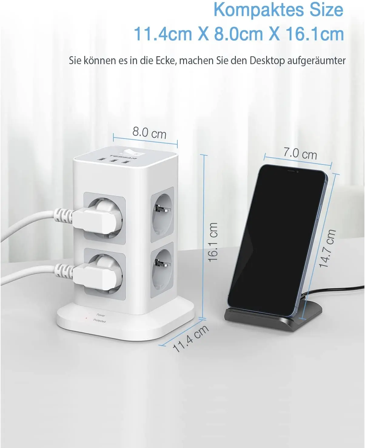 Сетевой фильтр TESSAN Tower Вертикальная Розетка с выключателем 8 розеток 3 USB-порта 2 м