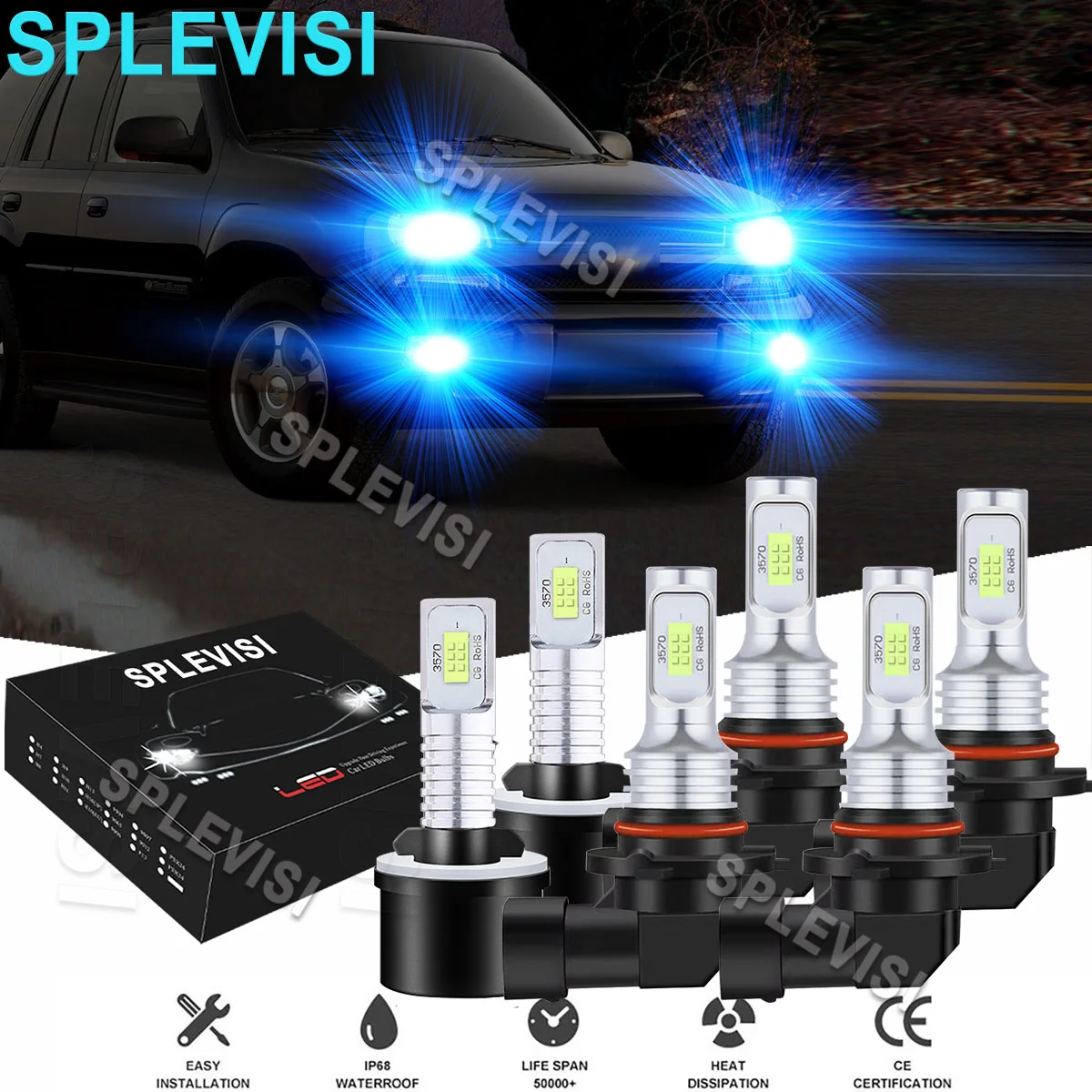 

6PCS LED 8000K Ice Blue Headlight Fog Light Bulbs For Chevy Impala 2000 2001-2005 Chevy Silverado 1500 2500 HD 1999 2000 2001