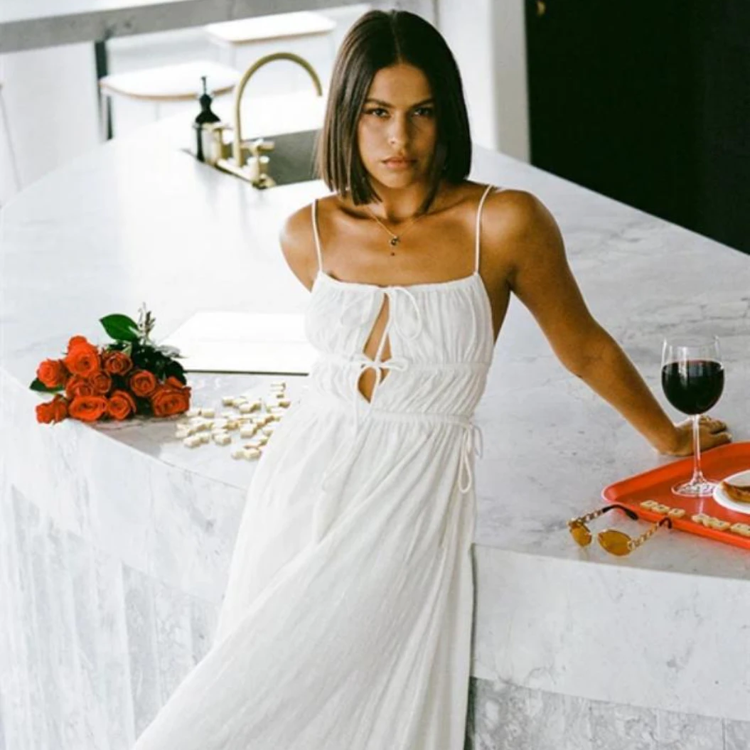 

Summer Sleeveless Vintage White Dress Women Casual Lace Up Bangdage Dress Casual Boho Beach Midi Party Holiday Vestidos Y2K