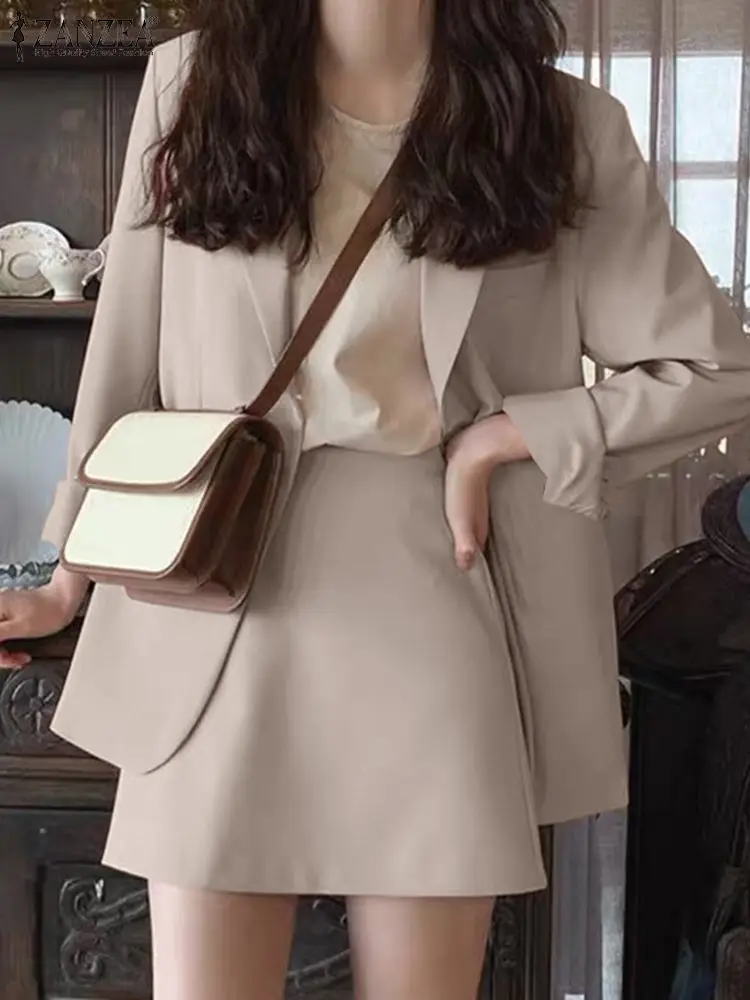 

ZANZEA Fashion Elegant Vintage Set 2PCS Matching Sets Lapel Long Sleeve Blazer And Knee Length Pant Femme Work OL Suit Korean