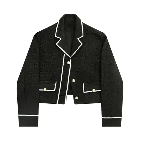 Женский короткий пиджак, черный однобортный пиджак, элегантный твидовый пиджак с длинным рукавом, весна-осень