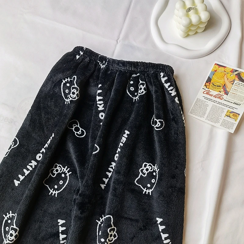 Sanrio Hello Kitty Flannel Pajamas Black Women's Warm Woolen Cartoon Casual Home Pants In Autumn Winter Fashion Trousers images - 6