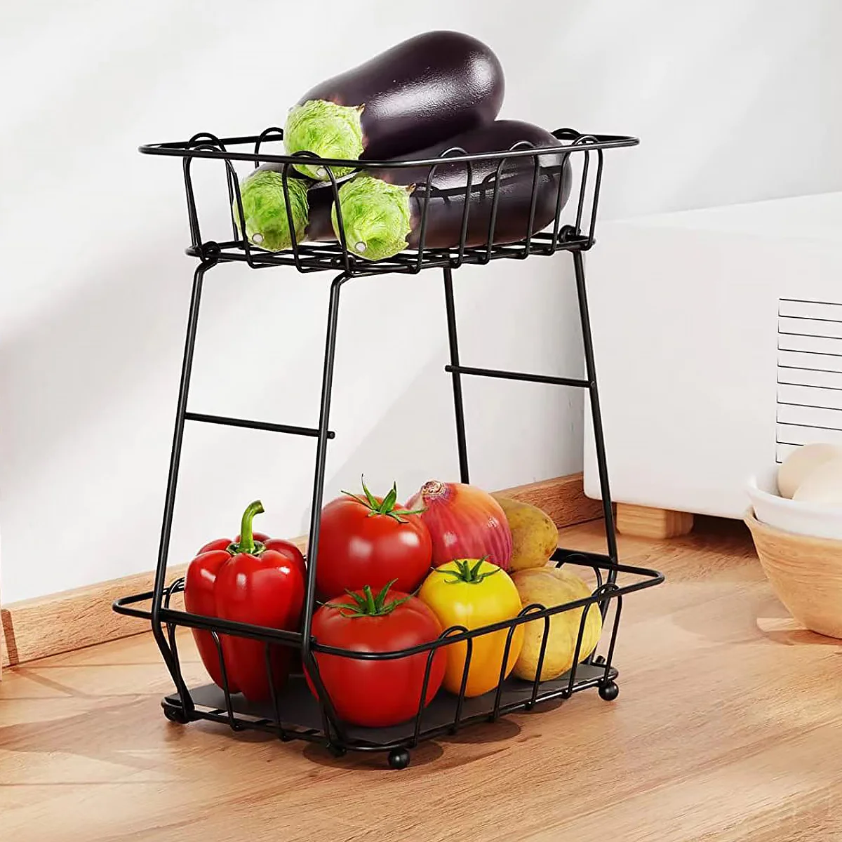 

2 Tier Fruit Basket Detachable Vegetable Storage Stand with Banana Hangers Sturdy Iron Bread Basket Multifunctional Fruits