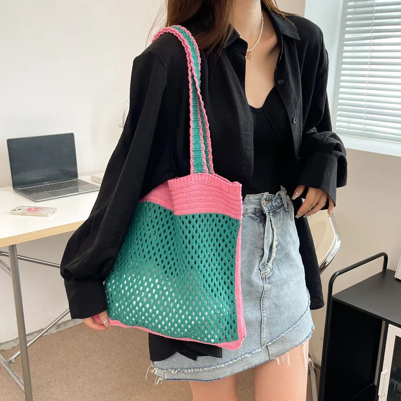 

Straw Bag Women's Cotton Korean Version of The Beach Bag Ins Casual Splicing Crochet Bag Color Contrast 2023 New Плетеная сумка