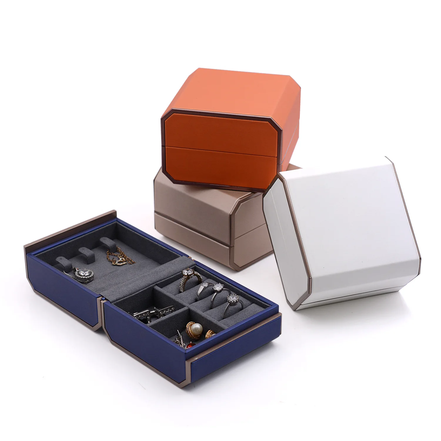 High Quality PU Leather Orange White Blue Portable Jewelry Storage Ring Earring Boxes