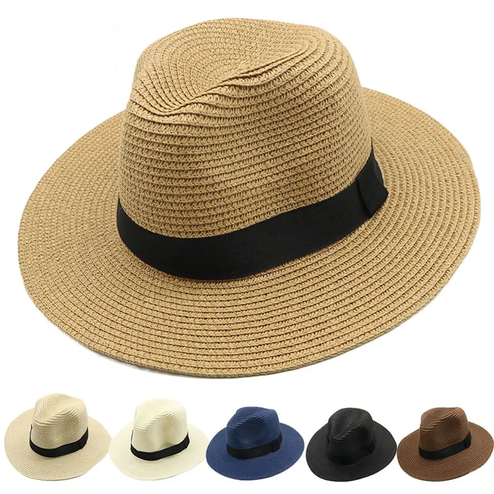 

Men Women Straw Fedora Hats Trilby Cuban Sun Cap Panama Short Brim Summer Beach Elegant Sunshade Woven Big Brim Bucket Hat