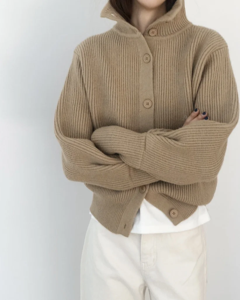 Women's Autumn Winter Lean Lazy Wind High Neck Single Breasted Knitted Cardigan Loose Sweater Solid Color Coat |