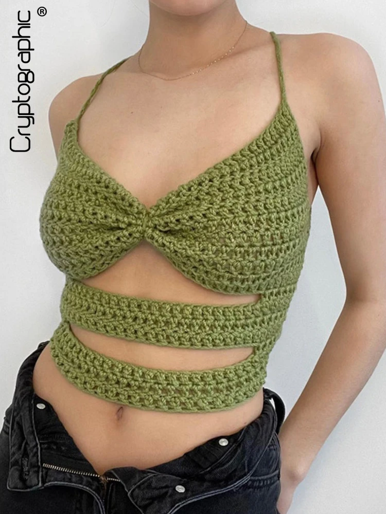 

Cryptographic Sexy Cut It Out Lace Up Sleeveless Crop Top for Women Oufits Summer Y2K Backless Knitted Cami Top Tees Clothes