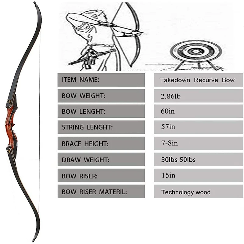 

Archery 60 Inch Detachable Hunting Recurve Set Adult Longbow Set Competition Shooting Right Hand Wooden Riser 30-50 Lbs Hunting
