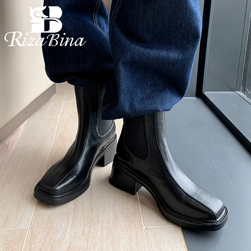 

RIZABINA New Women Ankle Boots Real Leather Mix Color Winter Woman'S Shoes Fashion Party Club Short Boots Footwear Size 34-40