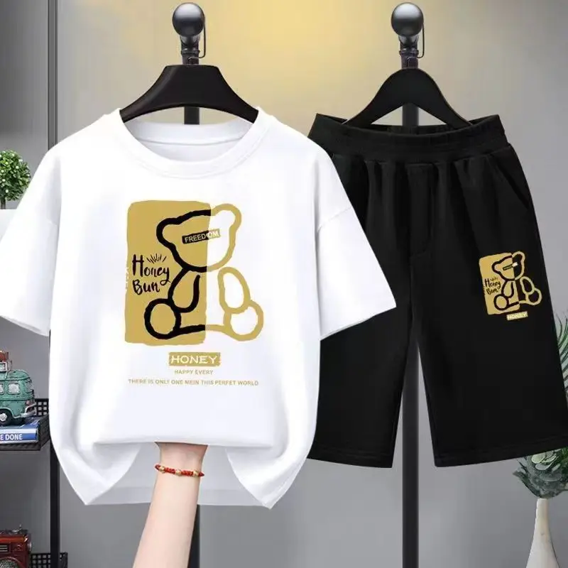Summer Men T Shirt and Shorts Sets Bear Print Outfit Cotton Two Pieces Graphic T-Shirts Set Casual Women Tracksuit Free Shipping