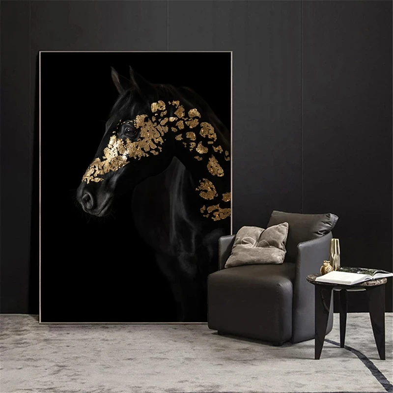 

Wall Art Home Decoration Black Horse Paintings HD Printed Golden Modern Posters Canvas Animal Cuadros Modular Pictures For Gift