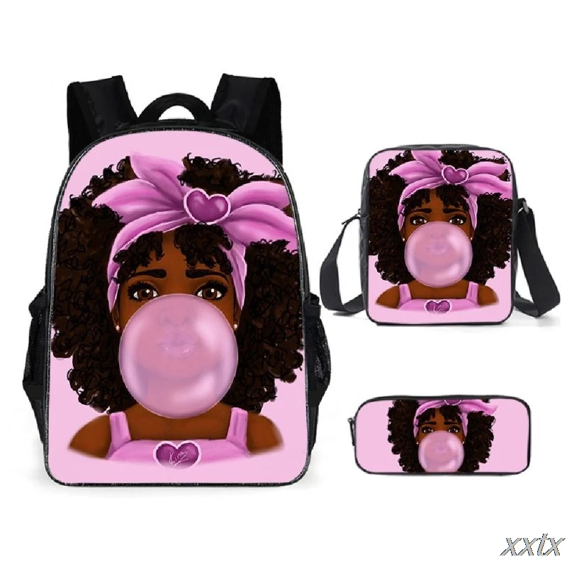 Creative Fashion African Girl 3D Print 3pcs/Set pupil School Bags Laptop Daypack Backpack Inclined shoulder bag Pencil Case