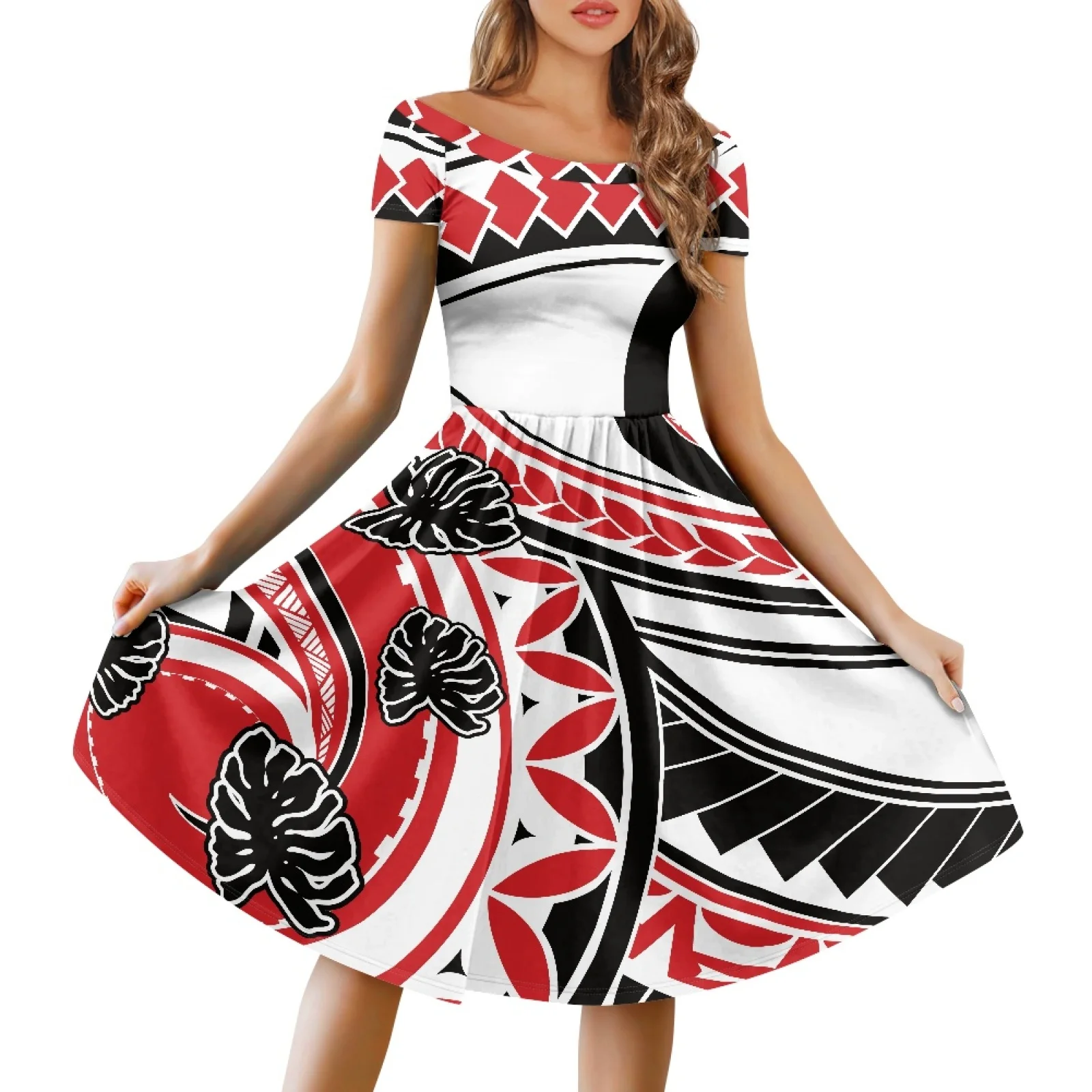 

Polynesian Tribal Fijian Totem Tattoo Fiji Prints Pullover Short Sleeve O Neck Off-The-Shoulder Dresses Single Party Leaf Dress