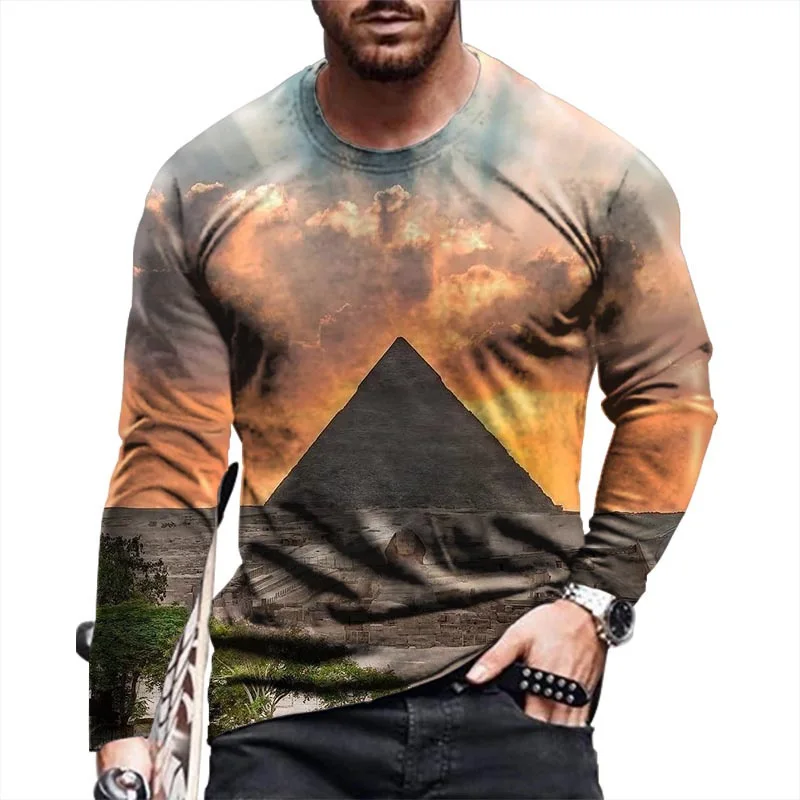 

Fashion Y2K tops men's long sleeved round neck T-shirt 3D pyramid print graphic t shirts casual trend street wear Men's clothing